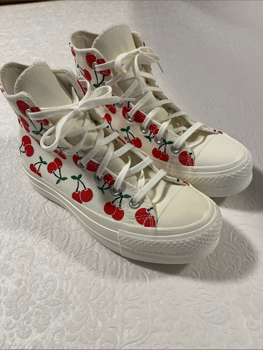 Converse High Top Sneakers in Cream with Red Cherry Print